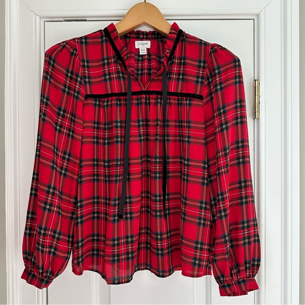 Red Tartan Plaid Ruffle Neck Blouse